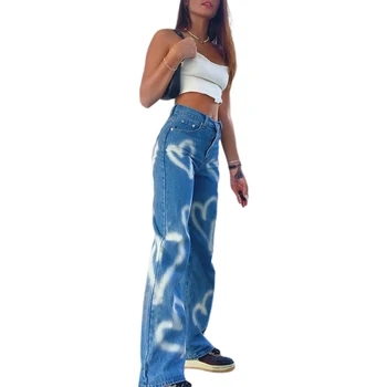 2020 m. Derliaus Širdies Spausdinti Y2K Baggy Jeans Moterų Aukšto Juosmens Harajuku Estetinės Mama Džinsus, Džinsinį audinį Streetwear 90s Kelnės