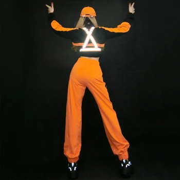 2020 metų Hip-Hop Šokio Kostiumai Suaugusiems Orange Hiphop Kostiumas Atšvaitinės Juostelės Moterų Gogo Šokių DJ DS Kostiumai Rave Drabužius SL4329