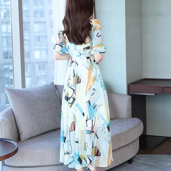 2021 Korėjos Naujas Plus Size Boho Seksualus Maxi Sundress Vasaros Derliaus Spausdinimo Šifono Paplūdimio Suknelės, Elegantiškos Moterys Bodycon Šalies Vestido