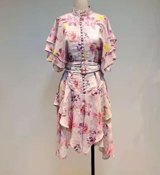 2021spring ilgomis Rankovėmis Asimetrinė Moterų Spausdinti Sluoksnis Mini Suknelė su Varčios