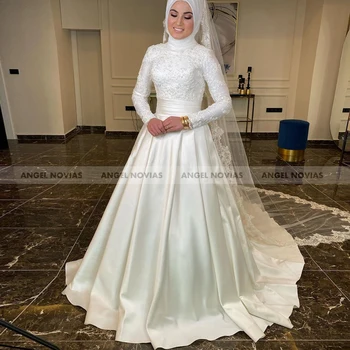 Angel Novias Ilgomis Rankovėmis Musulmonų Aukšto Kaklo Arabų Linijos, Vestuvių Suknelės, 2021 Baltos Vestuvinės Suknelės Vestidos De Noiva