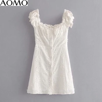 AOMO mados moterų balta siuvinėjimo medvilnės suknelė prancūzų stiliaus trumpomis rankovėmis ponios vasaros paplūdimio suknelė vestidos 1T17A