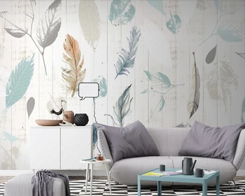 Augalų lapų plunksnų modernios lentos, medienos šiuolaikinės 3d tapetai, freskos Papel de parede už kambarį, TV, sofa sienos miegamojo, virtuvės kavinė