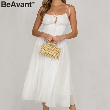 BeAvant Rankovių šifono baltoji moteris suknelė Backless ruched pavasario vasaros suknelė Atsitiktinis chic ponios kietas atostogų šalis suknelė
