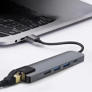 C tipo 3,0 Didelės Spartos USB Hub Daugiafunkcinis 5 In 1 Gigabit Ethernet Maitinimo Pristatymo Uostų Duomenų Perdavimo Aliuminio Lydinio