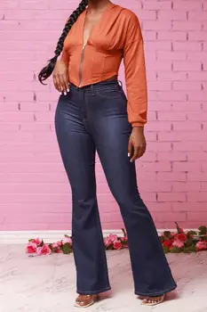 Didelis džinsinio užsiliepsnojo kelnės Moterų tiesiai kojų džinsus, Aukštos juosmens užsiliepsnojo Karšto pants džinsai Moterų ruožas atsitiktinis džinsus Retro džinsai