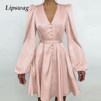 Elegantiškas, Kietas Satin A-Line Šalis Suknelės 2021 M. Pavasarį Moterys Derlius V-Kaklo Mygtuką Dizaino Mini Suknelė Ponios Ilgomis Rankovėmis Vestidos