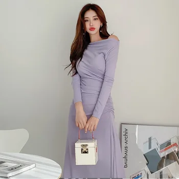 Elegantiškas Velniop Kaklo Ilga Suknelė 2020 M. Rudenį Ruched Slim-Line Suknelė Moterims Seksualus Korėjos Ponios Plisuotos Šalis Suknelė Femme Vestid
