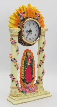 Hankroi Marmuro Ramstis Antikos stiliaus Stalo Laikrodis Derva, Stalo Laikrodis Religinė Tema Mergelės Marijos 12.25 Cm Aukščio Rankomis Dažyti