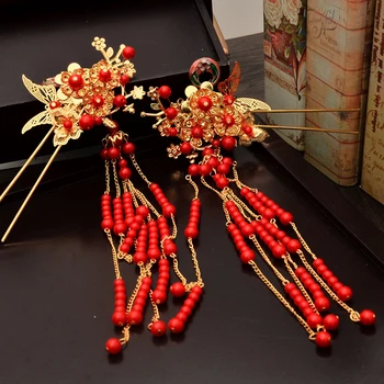 HIMSTORY Kinijos Vintage Stiliaus Nuotakos Šukuosena Retro Kostiumų Red Pearl Vestuvių Staigius Hairwear Fotografijos Plaukų Aksesuarai