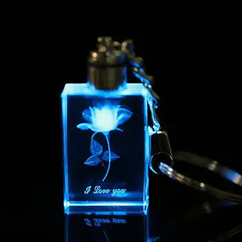 Karšto Pardavimo Žavesio Mielas Rose Stiklo Crystal Rose LED Šviesos Pakabukas Raktas Grandinę, Raktų Žiedas paketų prižiūrėtojų raktinę Valentino Dienos Dovana Mėlyna Šviesa