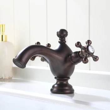 Klasikinis kieto žalvario antikvariniai rudos vonios kriauklės maišytuvas Europos stiliaus meno Dviguba rankena vieną skylę baseino maišytuvas maišytuvas