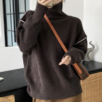 Kontrasto spalvų golfo storas megztinis moterims prarasti retro Honkongo stiliaus mados rudens ir žiemos drabužiai trikotažas