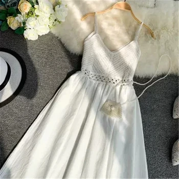 Korėjos 2019 Tuščiaviduriai Iš Spageti Dirželis Suknelė Sweet V-Kaklo Kratinys Aukšto Juosmens Suknelė Elegantiška Berankovė Vestidos