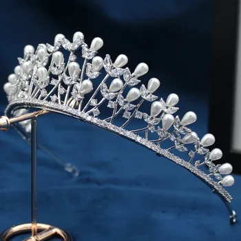 Korėjos Nuotaka Tuoktis Bridal Crown Cirkonis Su Dirbtiniu Būdu Išauginti Perlai, Sidabro Vestuvės Filialas Tiara Papuošalai Lankelis Princess Crown Vestuvių Tiara
