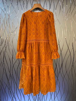 Medvilnės Suknelė 2020 M. Rudens-Žiemos Mados Drabužiai Moterims Prabangus Gėlių Siuvinėjimas Ilgomis Rankovėmis Juoda Balta Oranžinė Suknelės
