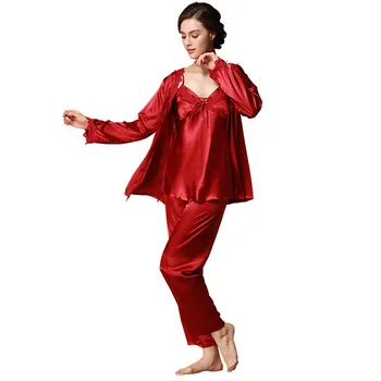 Moterų 3PCS Pižama Kostiumas Naujas Vasaros Sleepwear Satino Seksualus Homewear Atsitiktinis naktiniai drabužiai Rožinė Kratinys ilgomis Rankovėmis Namų Drabužių