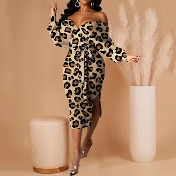 Moterų Elegantiškas Elegantiškas Šalis Suknelė Rauginimo Rudens-Žiemos Mados Seksualus Leopardas Spausdinti Tuščiaviduriai Iš Splitas V-kaklo, ilgomis Rankovėmis