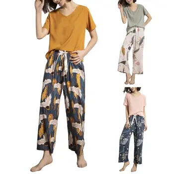 Moterų Pižama Sleepwear Kontrasto Spalvos trumpomis Rankovėmis V-Kaklo, Viršuje Gėlių Ilgas Kelnes 667E