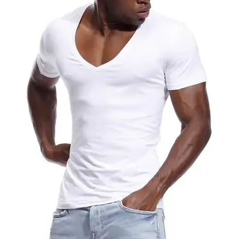 Naujas baltos spalvos marškinėliai Vyrams Vasaros Slim Tipo Sexy Ruožas vientisos Spalvos trumpomis Rankovėmis Giliai V-kaklo Tshirts mens Drabužių Vyrų Viršūnės