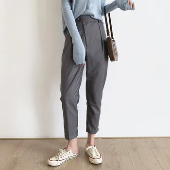 Pavasarį, Rudenį Kelnės Moterims 2020 Mėlyną Pilka Aukšto Juosmens Plonos Tiesios Kelnės Office Streetwear Korėjos Laisvalaikio Kostiumas Kelnės Paprasta
