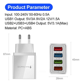 QC 3.0 Aukštos Kokybės Telefono Kroviklis su ES/JAV Plug Greitai, Sienos Įkrovikliai, Laidai 4 Port USB Greitas iphone 