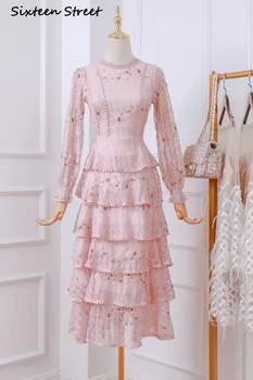 Rožinės spalvos gėlių siuvinėjimas moteris suknelė ilgomis rankovėmis apvalios kaklo 2020 Naujas atvykti nėrinių pynimas vestido kilimo ir tūpimo tako dizaino prabangūs suknelė šalis