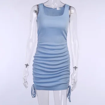 Seksualus Aikštėje Apykaklės, Rankovių Plisuotos Pusėje Raišteliu Mėlyna Mini Suknelė 2021 M. Vasarą Moterys Elegantiškas Pagrindinių Mados Slim Street