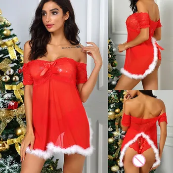 Seksualus apatinis trikotažas moterims Kalėdų Nėrinių sleepwear Erotiniai apatiniai Off-Pečių pižamos moterims g string Nightdress Thong dropshipping#