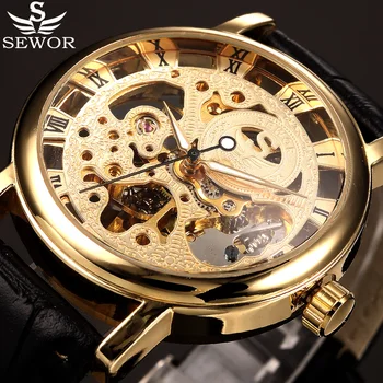 SEWOR Royal Drožyba Skeletas Žiūrėti Mechaniniai Laikrodžiai, Aukso, Juoda Oda Plona Tuščiaviduriai Dizaineris Vyrų Prabangos Prekės ženklo Laikrodį Relogio