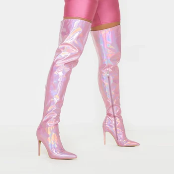Siddons 2020 Pink Fashion Pažymėjo Tne Aukštakulnius Moterys Per Kelius Siekiantys Batai Lazerio Seksualus Kilimo Ir Tūpimo Tako Ponios Batai Moters Šlaunų Auliniai Batai