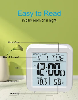 Skaitmeninis Stalinis LCD Atidėti Signalą laikrodis Baltos spalvos Miegamojo laikrodis su Termometru & Drėgmėmačiu Namų baterijomis