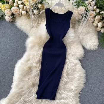 Vasaros 2020 Moterų suknelė korėjos Paprasta vientisos Spalvos berankovė Plonas Elastingas Mezgimo Paketo Klubo Suknelė Vestidos
