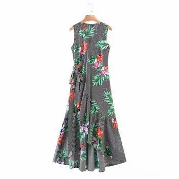 Vasaros moterų paplūdimio stiliaus dryžuotas spausdinti gėlių aukšto juosmens ilgai dreeses 2020 moterų v-kaklo nėrinių rankovių prašmatnus suknelė vestidos