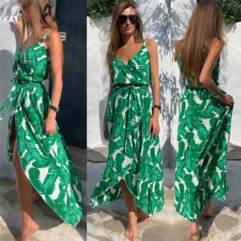 Vasaros Suknelė 2020 Moterų Paplūdimio Drabužiai Ilgai Sundress Karšto Maxi Suknelė Moterų Boho Šalis Suknelės Žalia Lapų Spausdinimo Ponios Suknelės