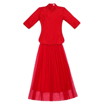 ZX-B3#Bridesmaid Dresses Trumpas Pagerėjo cheongsam Taurę kostiumas vestuves suknelė rožinės raudonos aukso dviejų dalių suknelė pigūs didmeninė